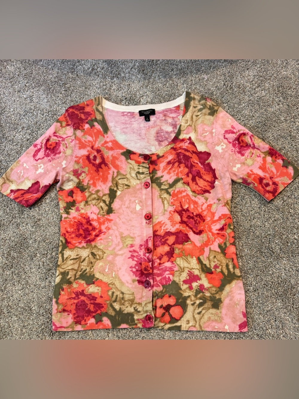 Women’s Talbots Petite Pink Green and White Knit Floral Cardigan Size Small